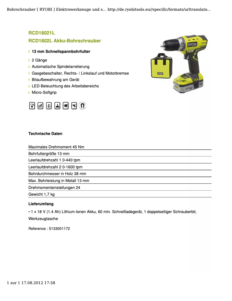Page 1 de la notice Fiche technique RYOBI RCD18021L