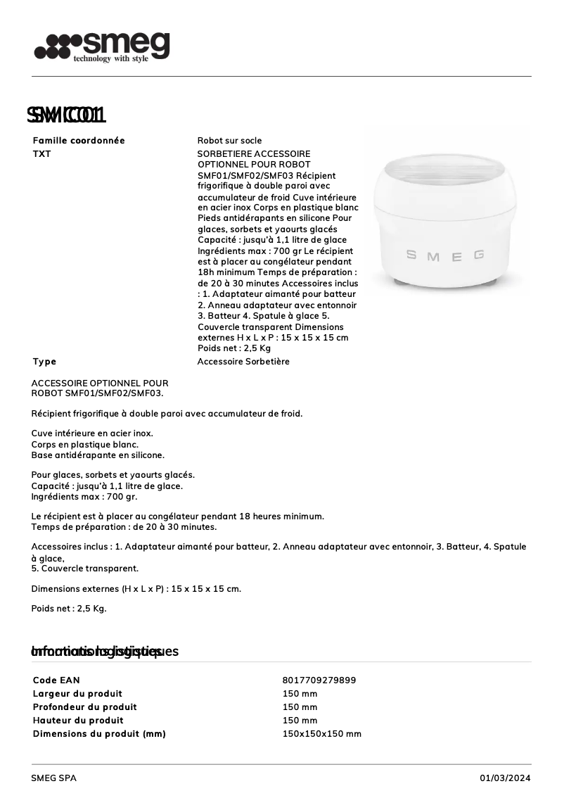 Page n°1 - Fiche technique Smeg SMIC01
