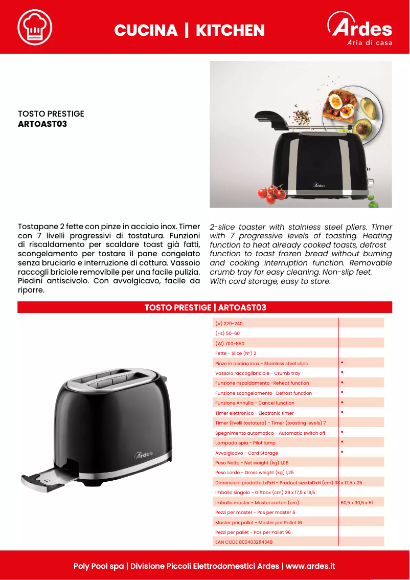 Page n°1 - Fiche technique Ardes Tosto Prestige ARTOAST03