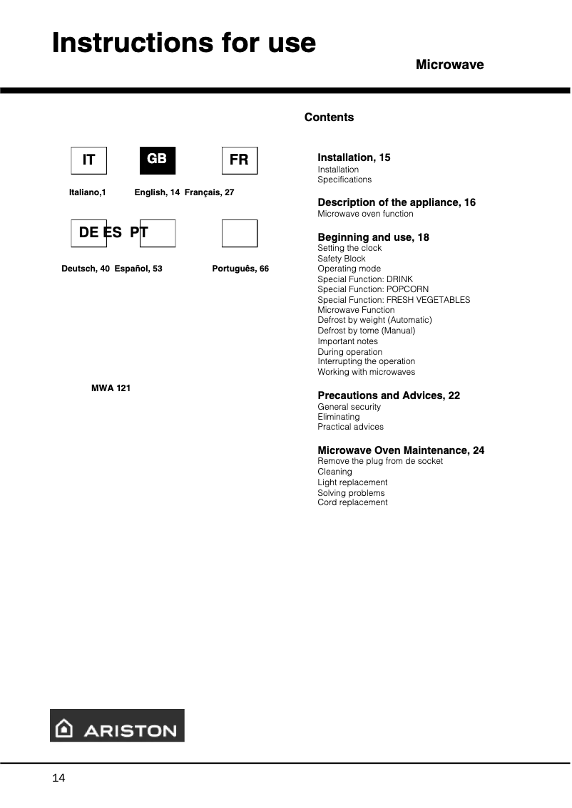 Page 1 de la notice Manuel utilisateur Ariston Thermo MWA 121
