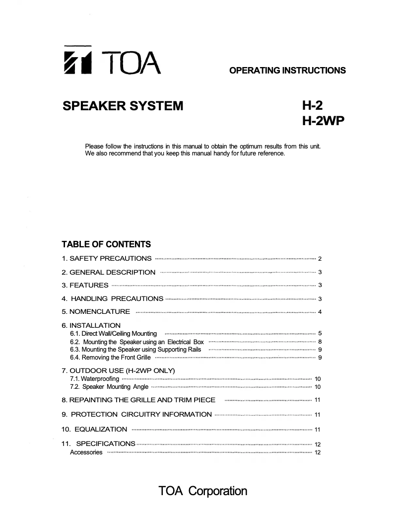 Page 1 de la notice Manuel utilisateur TOA H-2