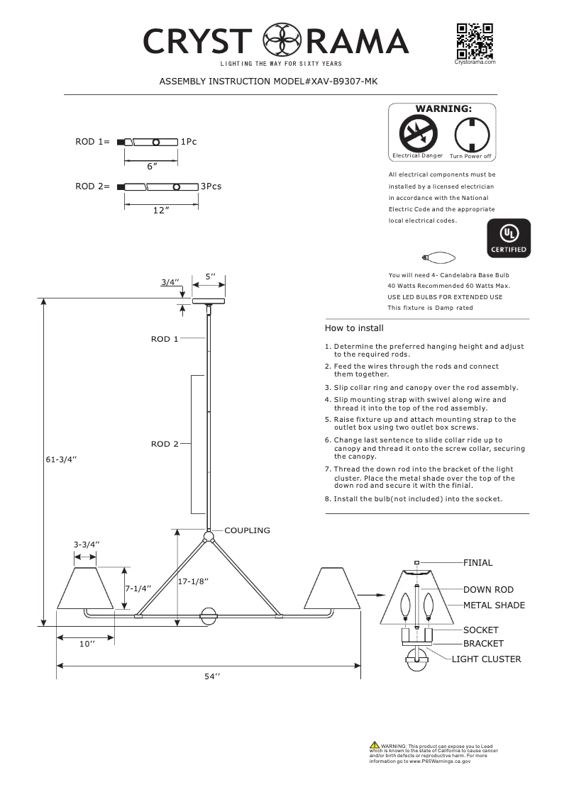 Page 1 de la notice Manuel utilisateur Crystorama Xavier XAV-B9307-MK