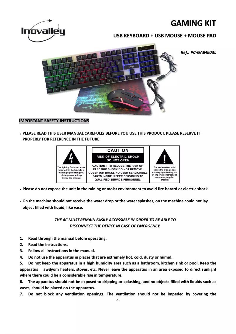 Page 1 de la notice Manuel utilisateur Inovalley PC‐GAME03L