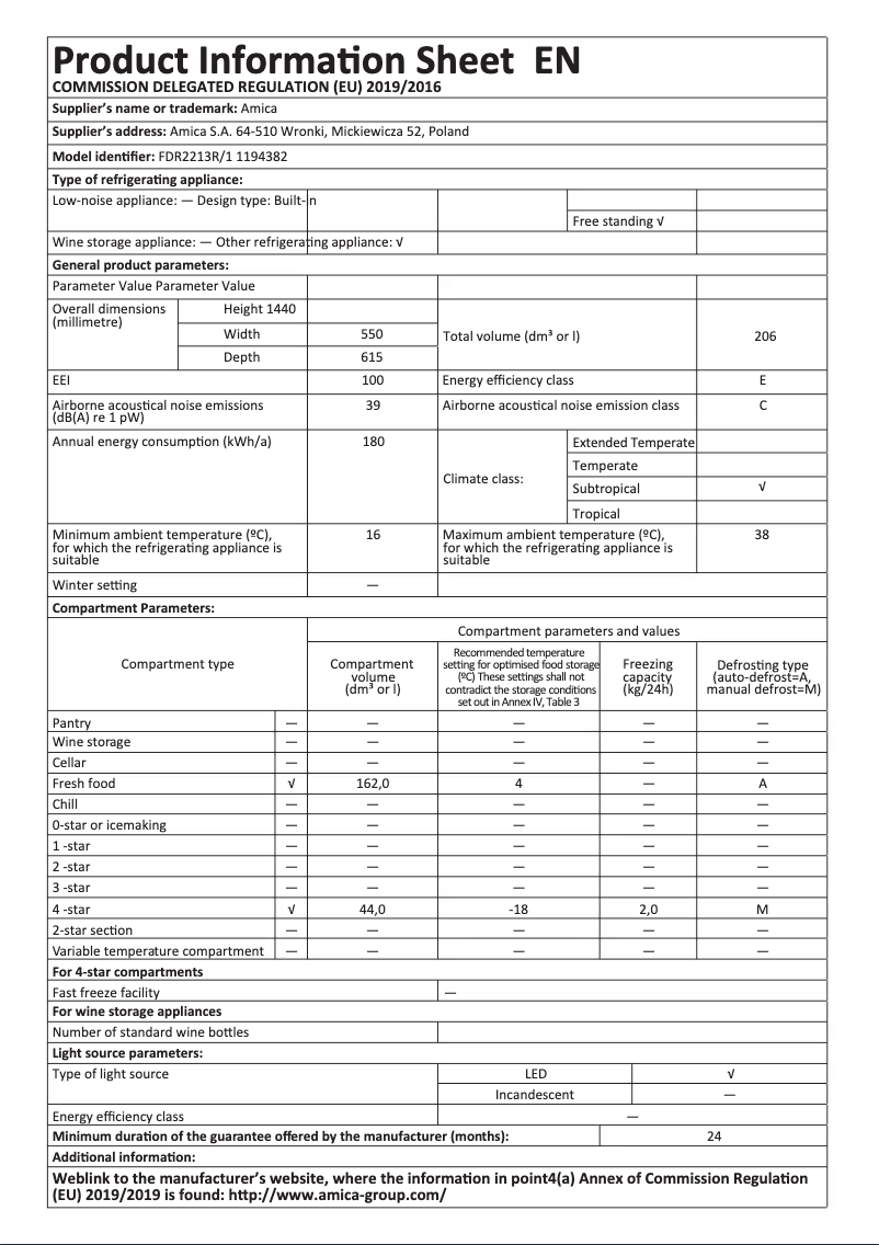 Page n°1 - Fiche technique Amica FDR2213R