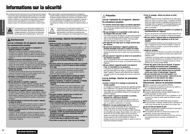 Page 1 de la notice Manuel utilisateur Panasonic CQ-C5401U