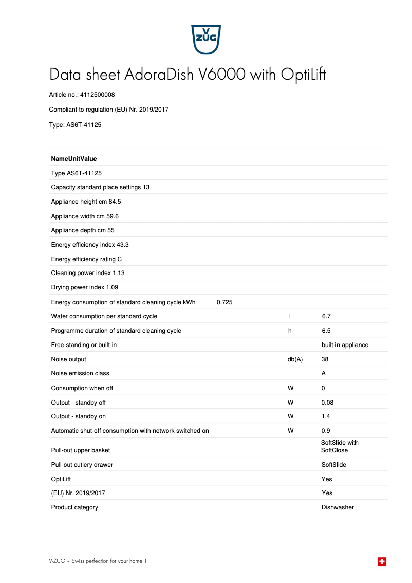 Page 1 de la notice Fiche technique V-Zug AdoraDish V6000 with OptiLift