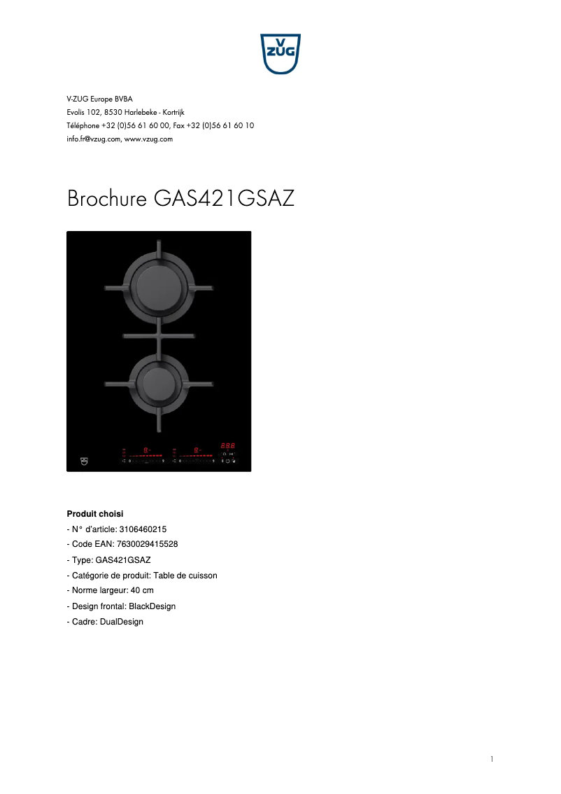 Page 1 de la notice Brochure V-Zug GAS421GSAZ