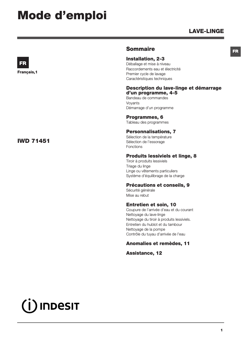 Image de la première page du manuel de l'appareil IWD 71451 C (FR)