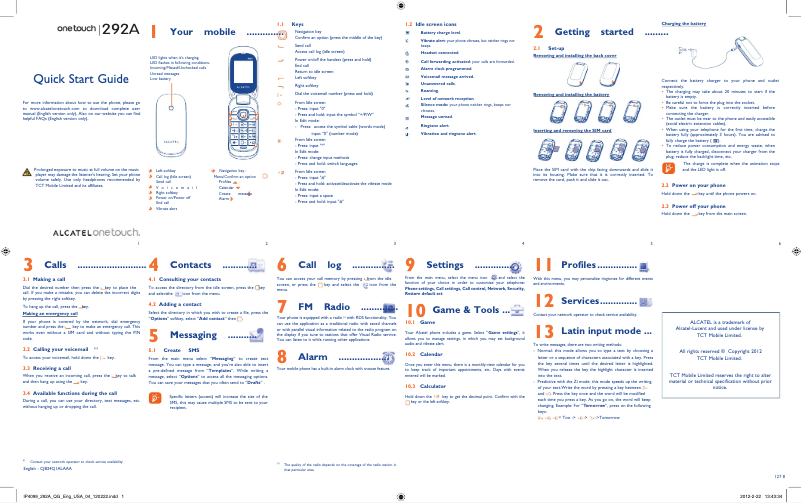 Page 1 de la notice Guide de démarrage rapide Alcatel One Touch 292