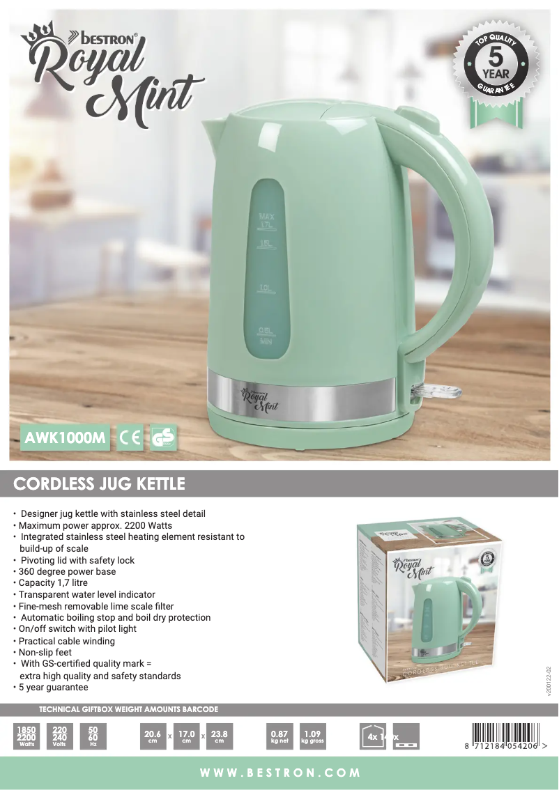 Page 1 de la notice Fiche technique Bestron AWK1000M