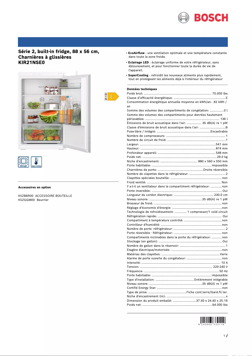 Page n°1 - Fiche technique Bosch KIR21NSE0