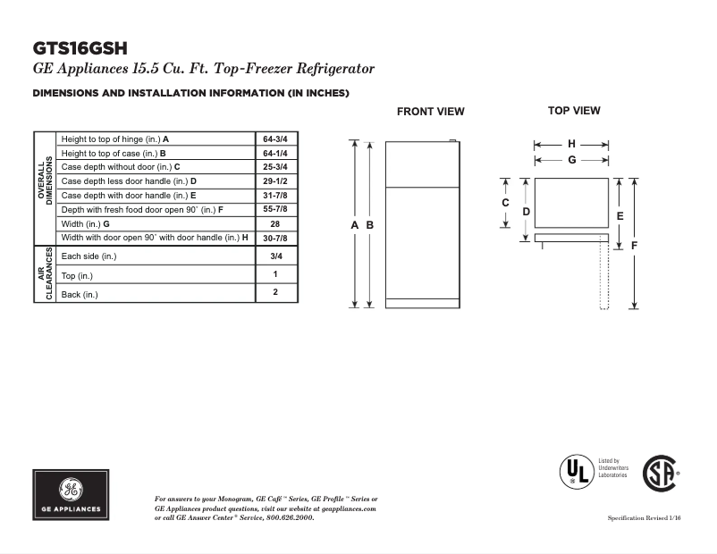 Page n°1 - Fiche technique GE GTS16GSHSS