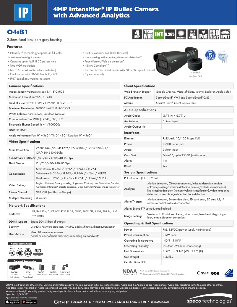 Page 1 de la notice Fiche technique Speco Technologies O4IB1
