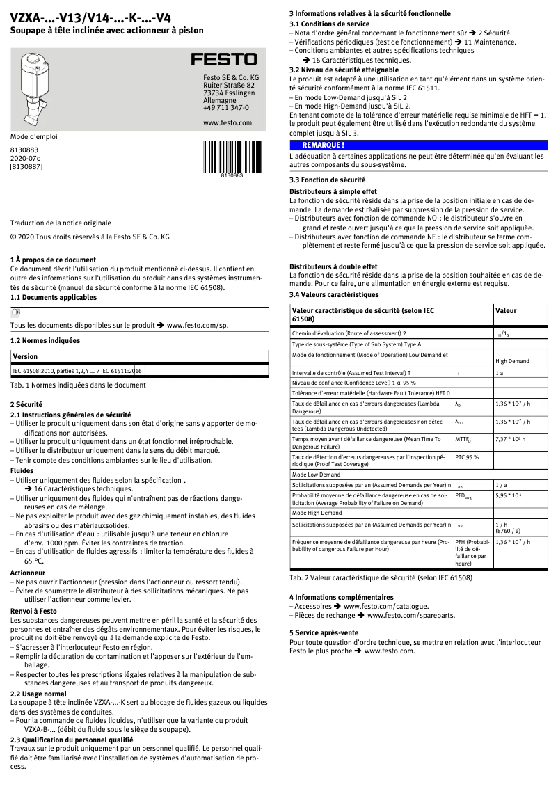 Page 1 de la notice Manuel utilisateur Festo VZXA