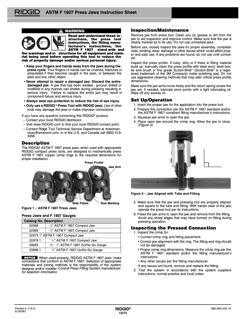 Page 1 de la notice Instructions / montage Ridgid ASTM F 1807