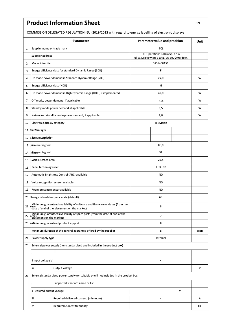 Page 1 de la notice Fiche technique TCL 32S5400A