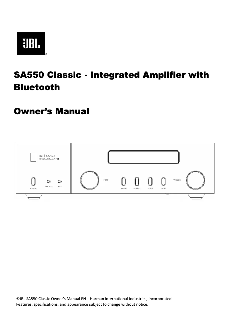 Page n°1 - Manuel utilisateur JBL SA550 Classic
