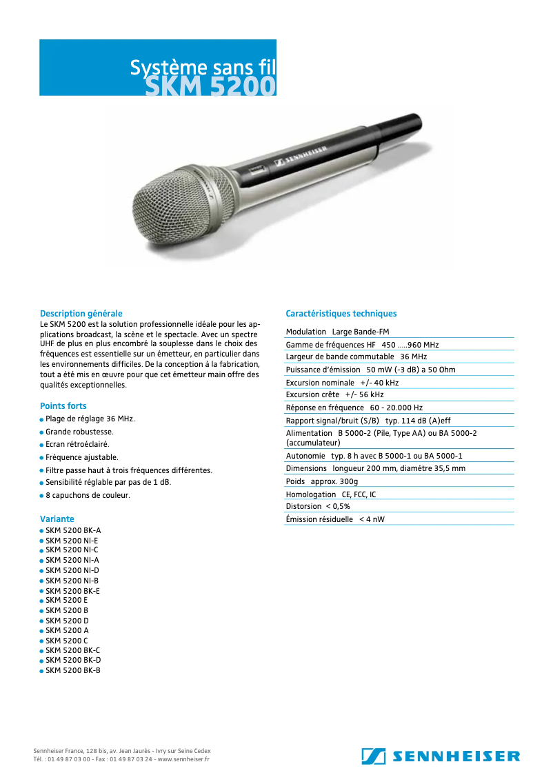 Page 1 de la notice Fiche technique Sennheiser SKM 5200