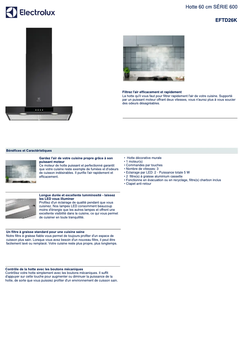 Page 1 de la notice Fiche technique Electrolux EFTD26K