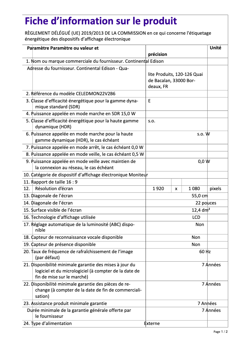 Page 1 de la notice Label énergétique Continental Edison CELEDMON22V2B6