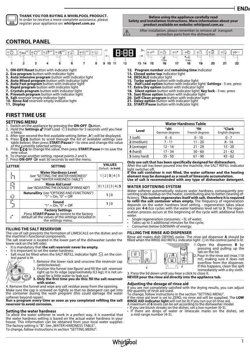 Page n°1 - Manuel utilisateur Whirlpool WDFS3R4N