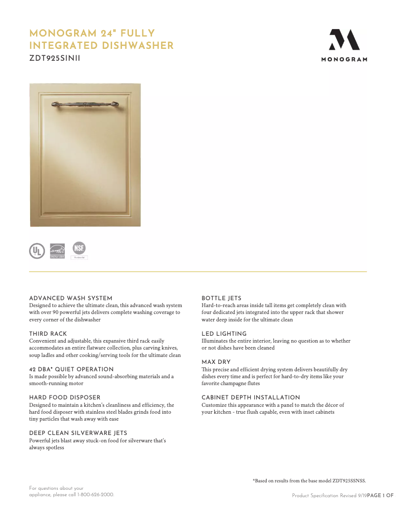 Page 1 de la notice Fiche technique Monogram ZDT985SINII