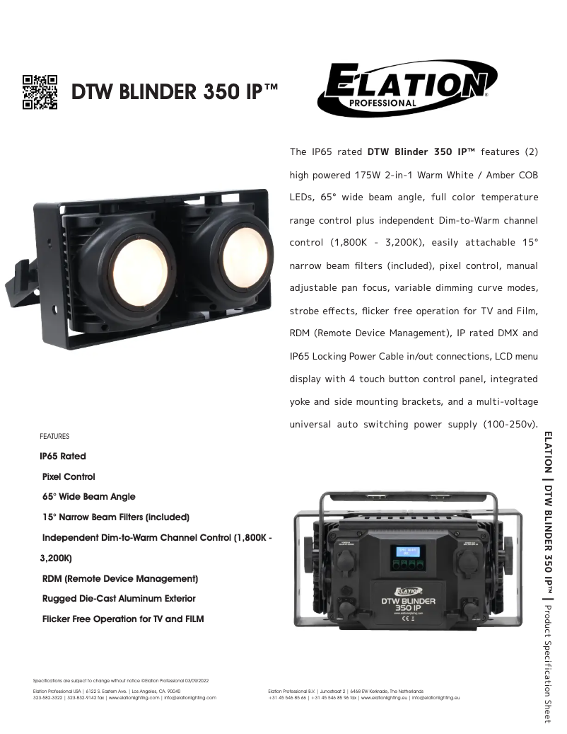 Page 1 de la notice Fiche technique Elation DTW Blinder 350 IP