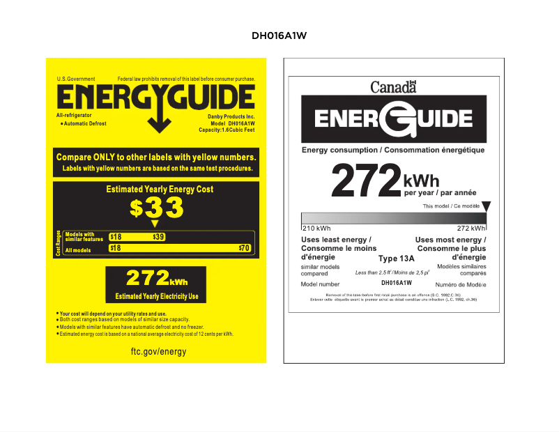 Page n°1 - Label énergétique Danby DH016A1W-D
