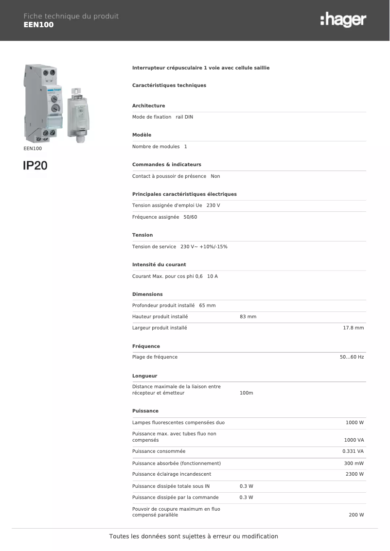 Page n°1 - Fiche technique Hager EEN100