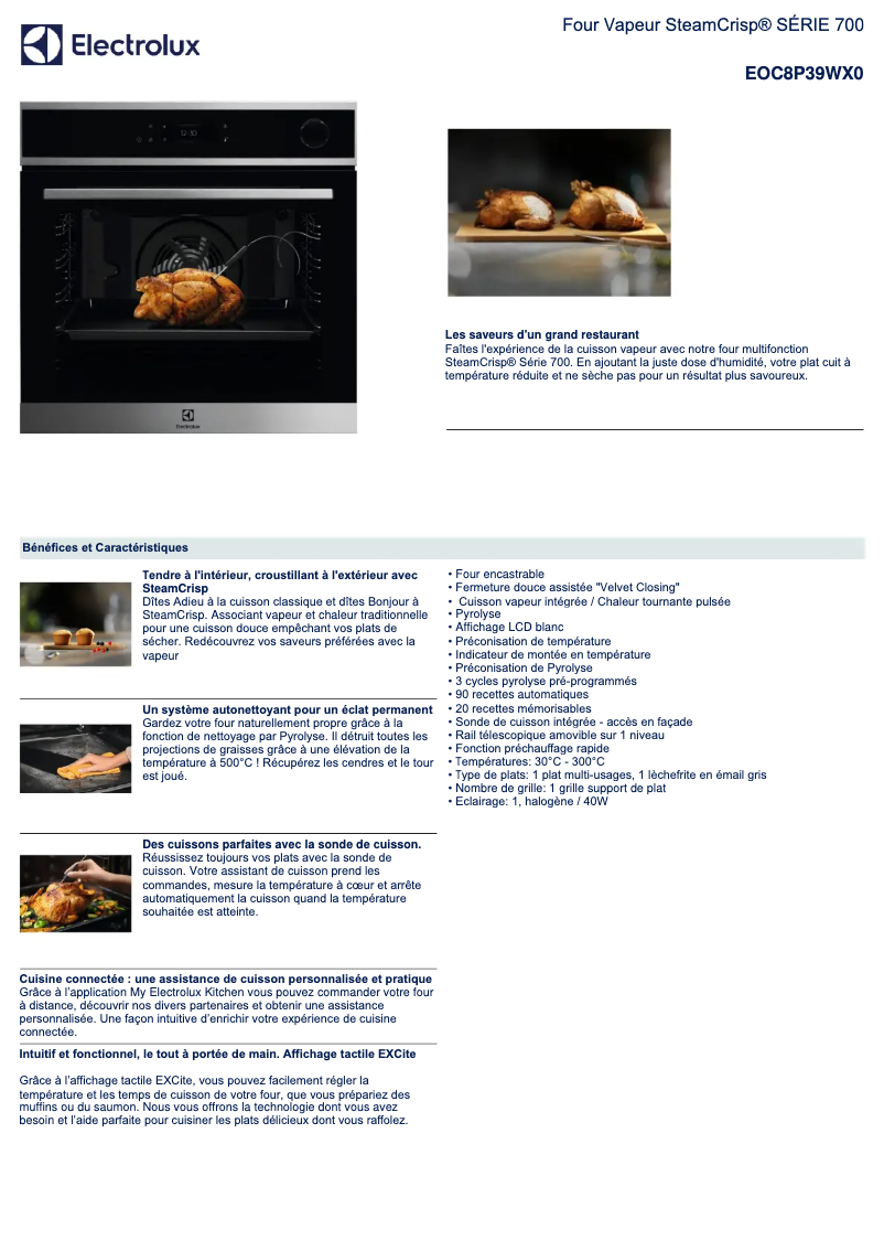Page 1 de la notice Fiche technique Electrolux EOC8P39WX0