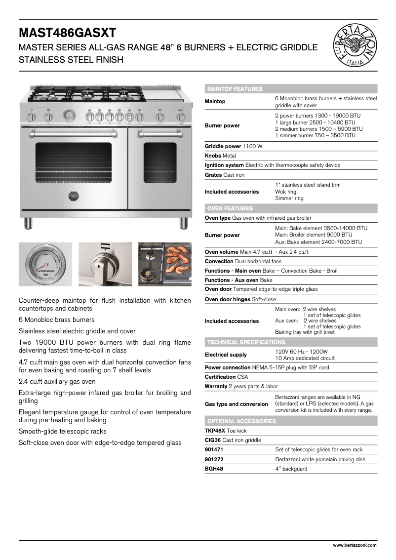 Page 1 de la notice Fiche technique Bertazzoni MAST486GGASXTLP