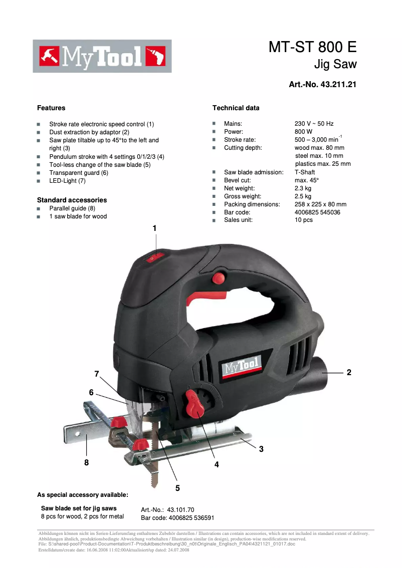 Page n°1 - Manuel utilisateur MyTool MT-ST 800E