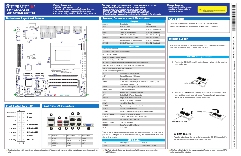 Page 1 de la notice Guide de démarrage rapide Supermicro A3SEV-2C-LN4