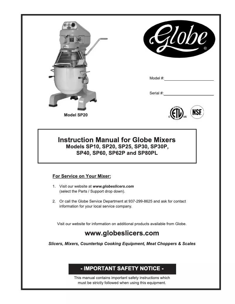 Page 1 de la notice Manuel d'utilisation et d'entretien Globe SP30P