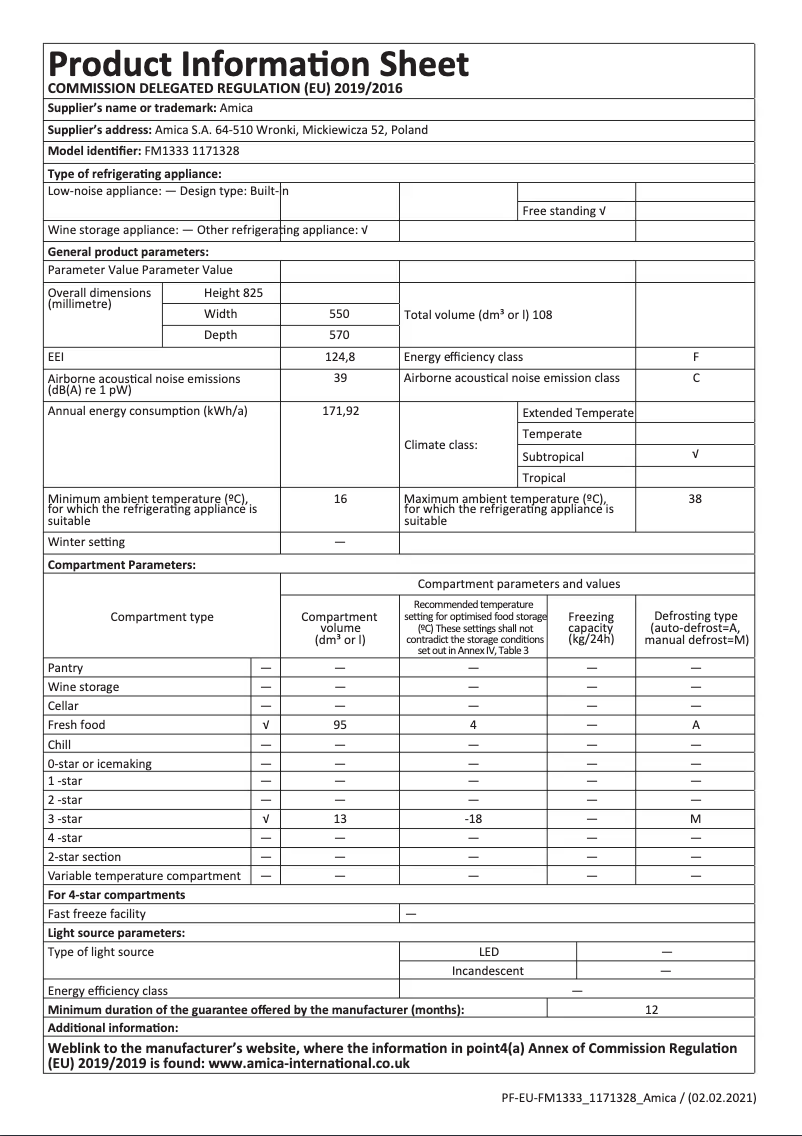 Page 1 de la notice Fiche technique Amica FM1333
