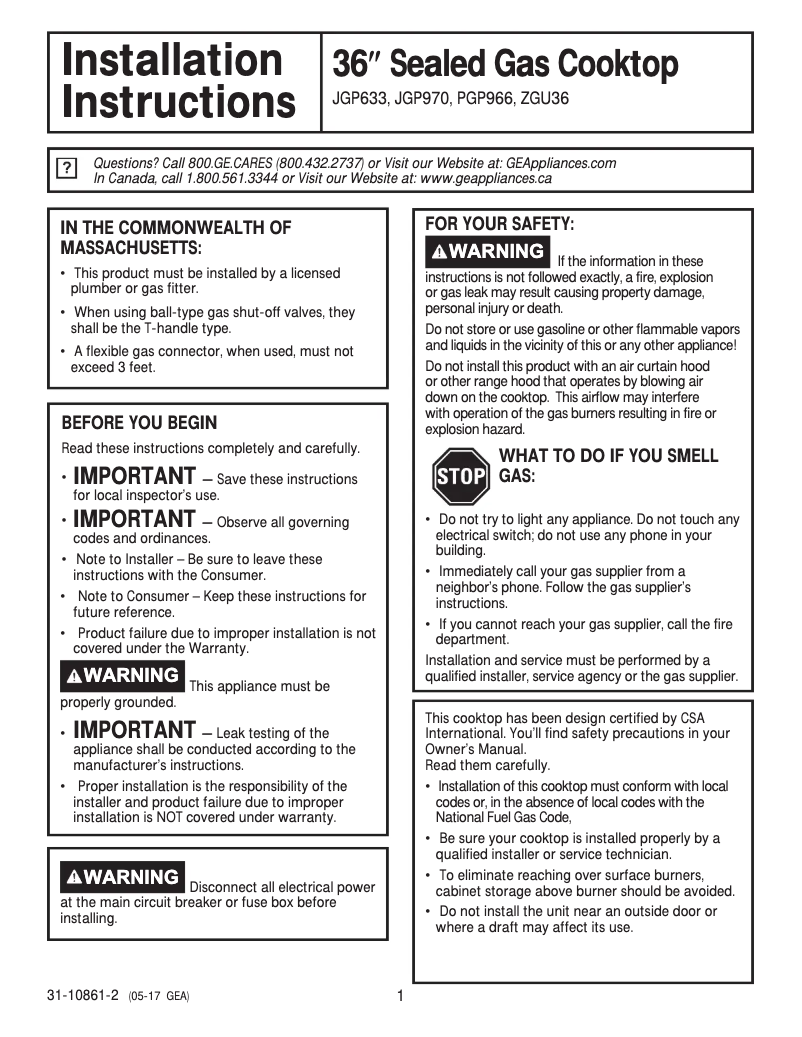 Page 1 of the manual Installation Guide GE PGP966DETBB