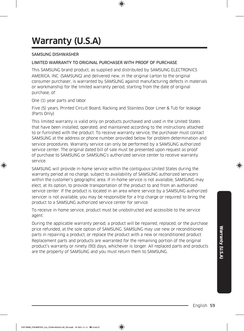 Página 1 del manual Información de garantía Samsung DW80BB707012AA