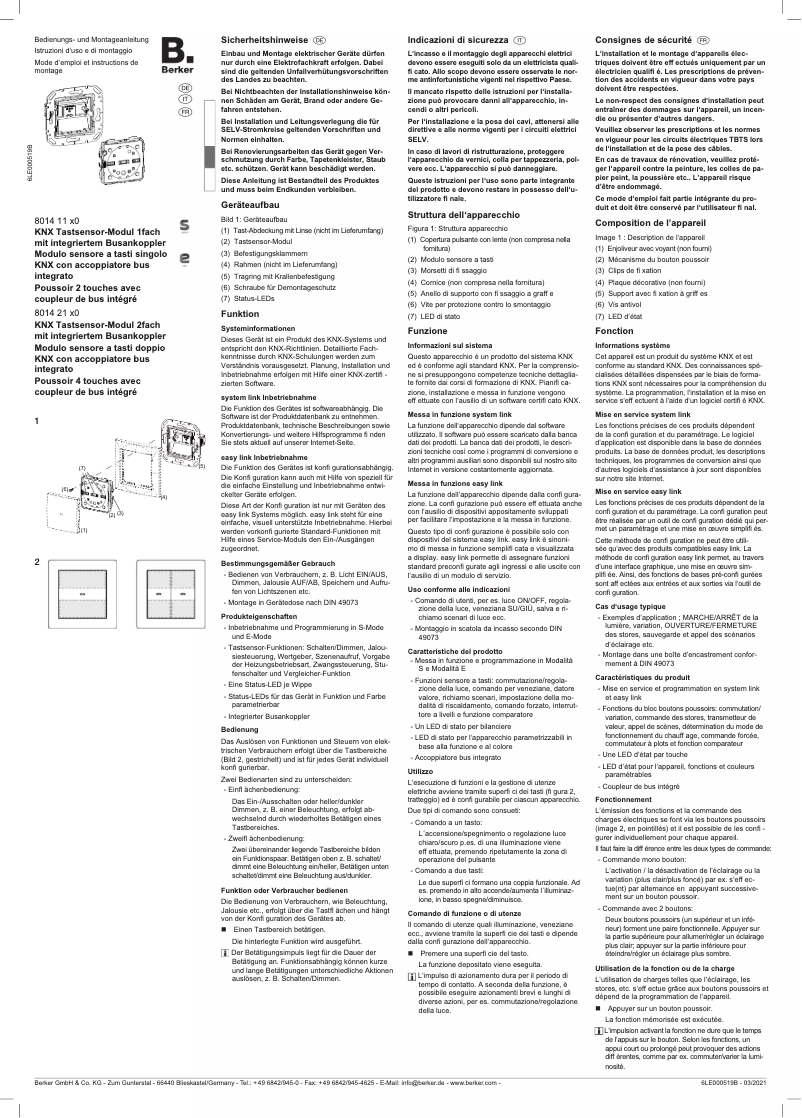 Page n°1 - Instructions / montage Berker 80142180