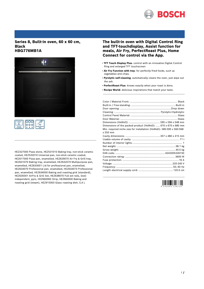 Page 1 de la notice Fiche technique Bosch HBG776MB1A