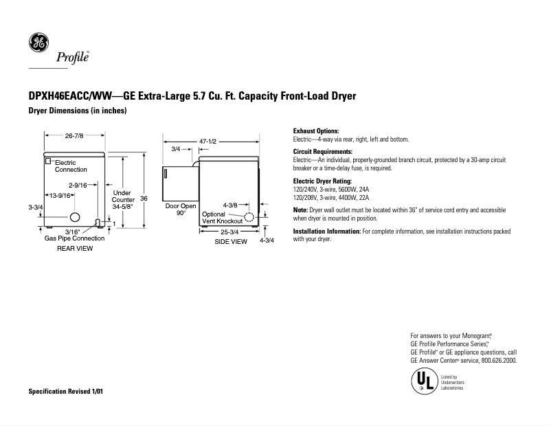 Page 1 de la notice Fiche technique GE Profile DPXH46EAWW