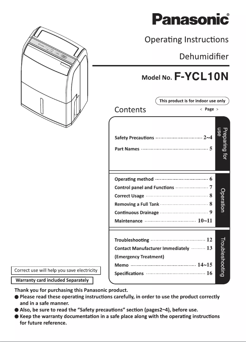 Page 1 de la notice Manuel utilisateur Panasonic F-YCT10V