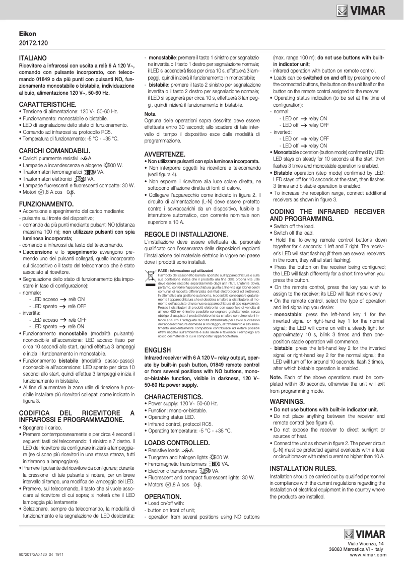 Página 1 del manual Manual de usuario Vimar 20172.120.B