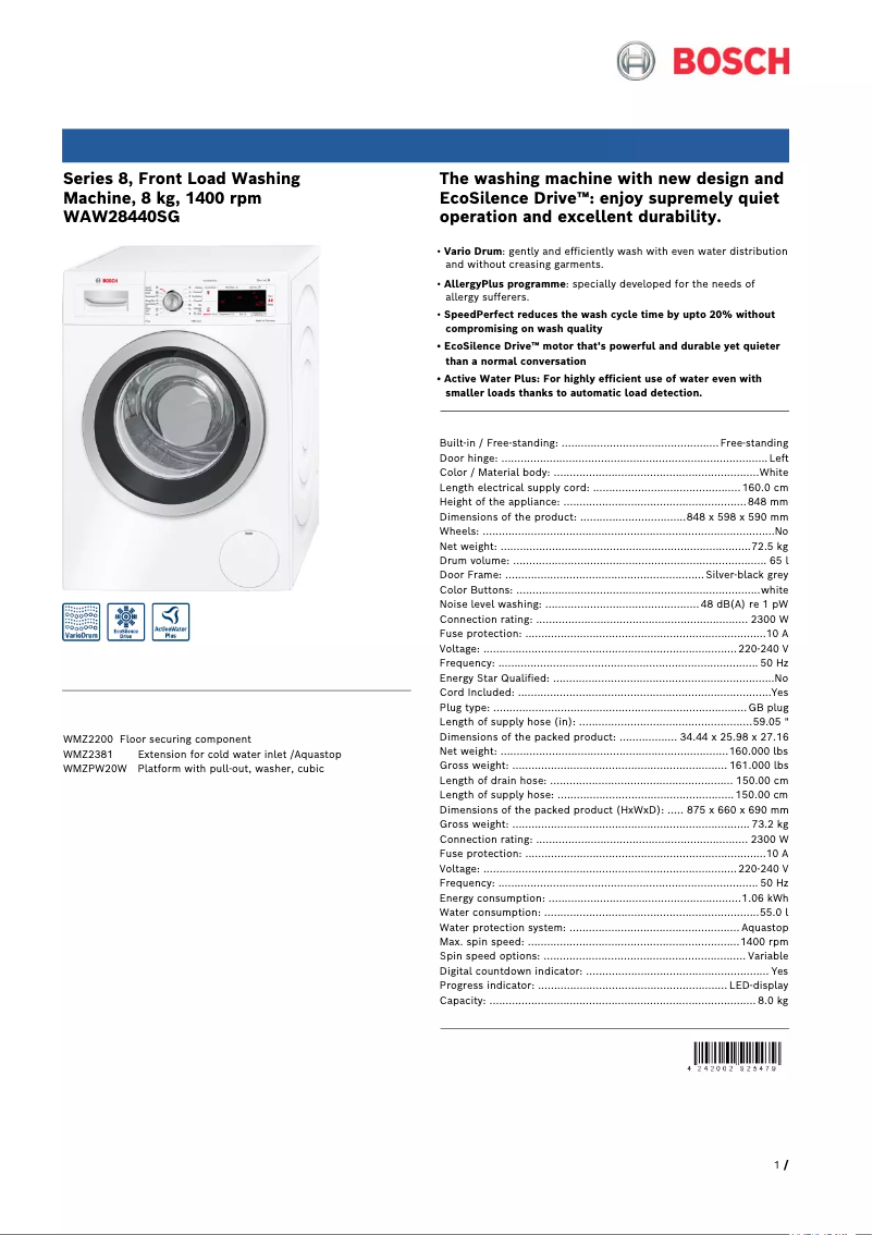 Página 1 del manual Ficha técnica Bosch WAW28440SG