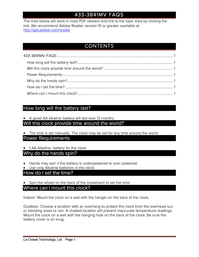 Page n°1 - FAQ La Crosse Technology 433-3841MV