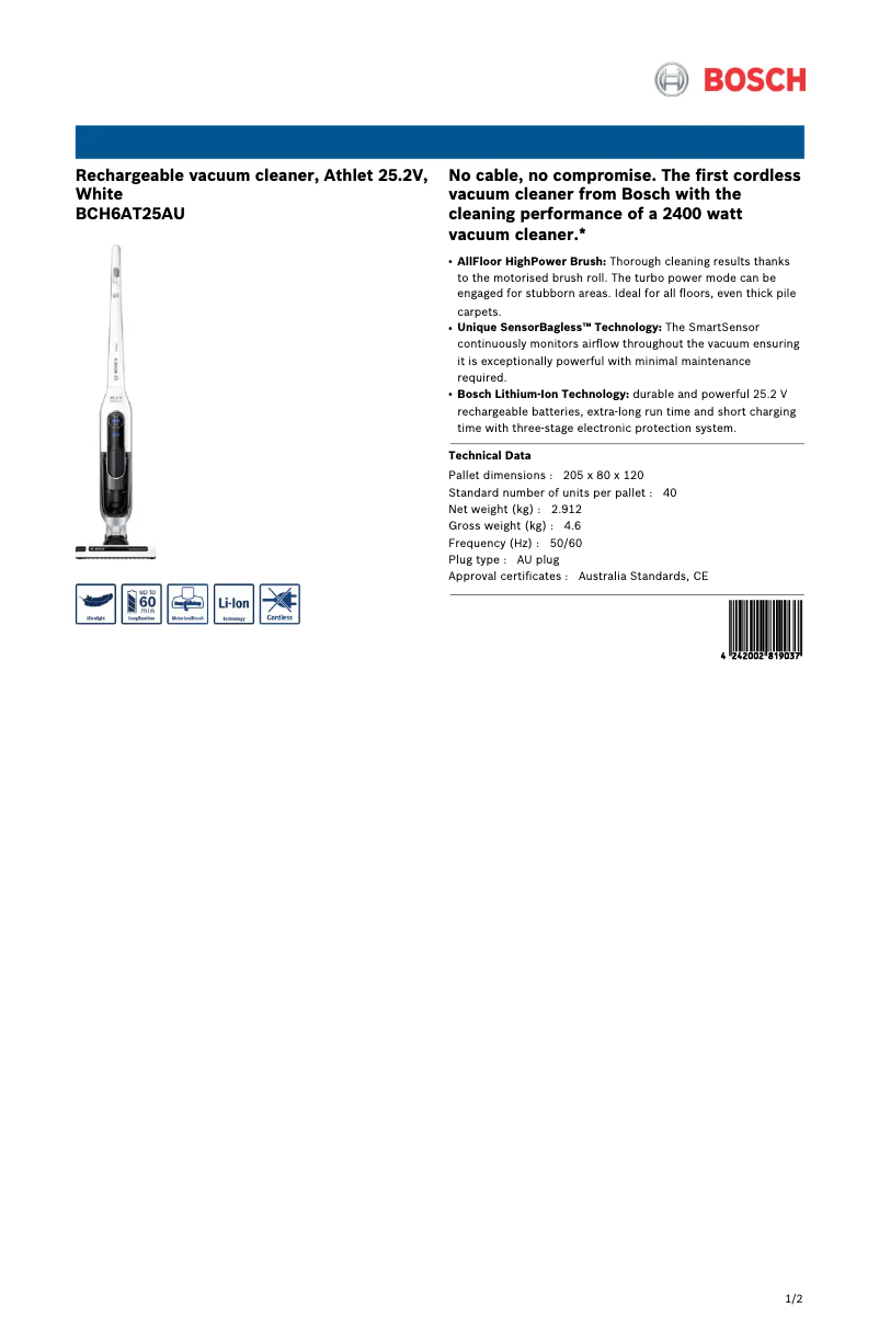 Page n°1 - Fiche technique Bosch Athlet BCH6AT25AU