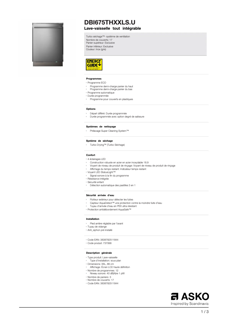 Page 1 de la notice Fiche technique Asko DBI675THXXLS.U