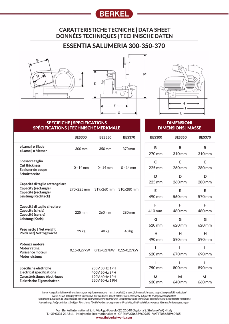 Page 1 de la notice Fiche technique Berkel Essentia Salumeria BES350