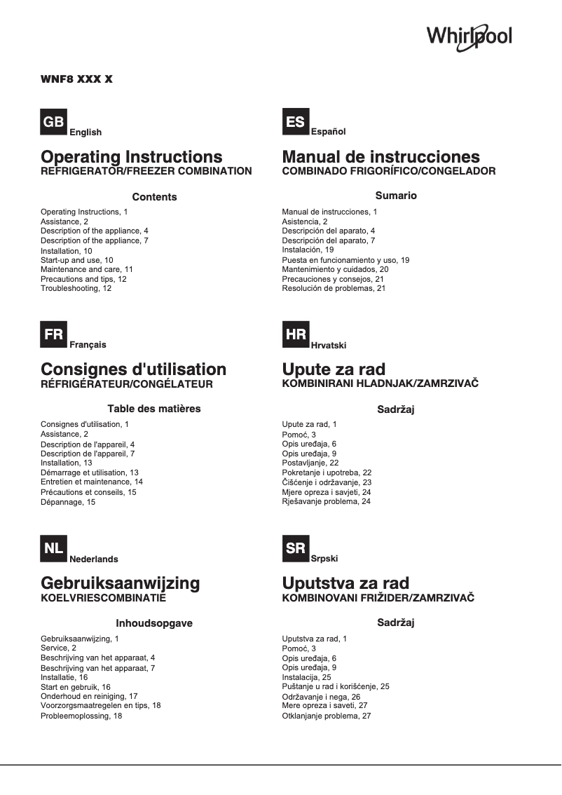 Page 1 de la notice Manuel utilisateur Whirlpool WNF8 T2I W
