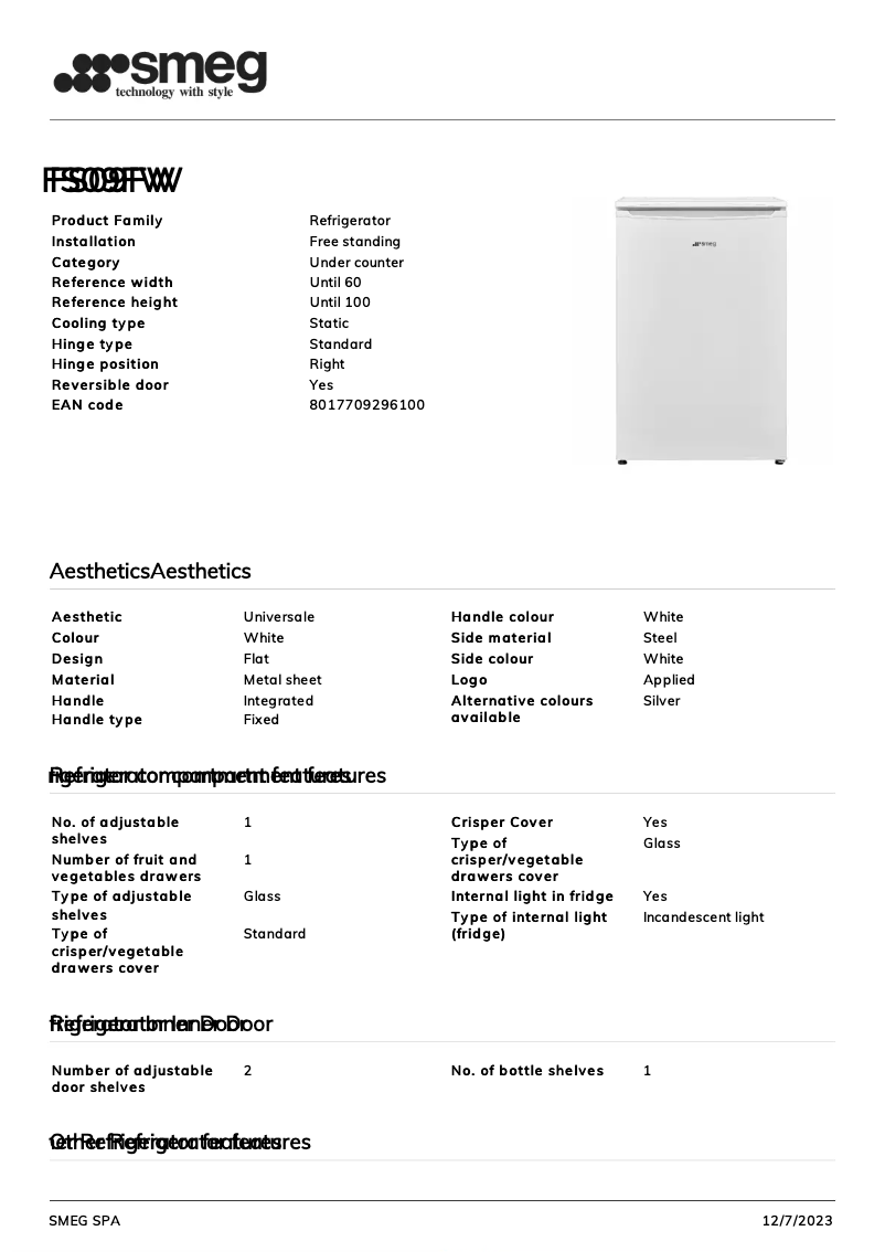 Page n°1 - Fiche technique Smeg FS09FW