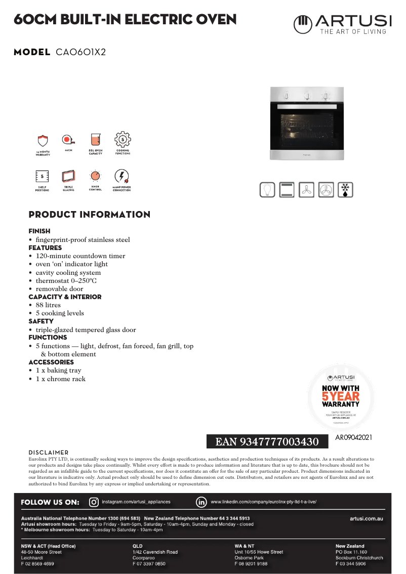 Page 1 de la notice Fiche technique Artusi CAO601X